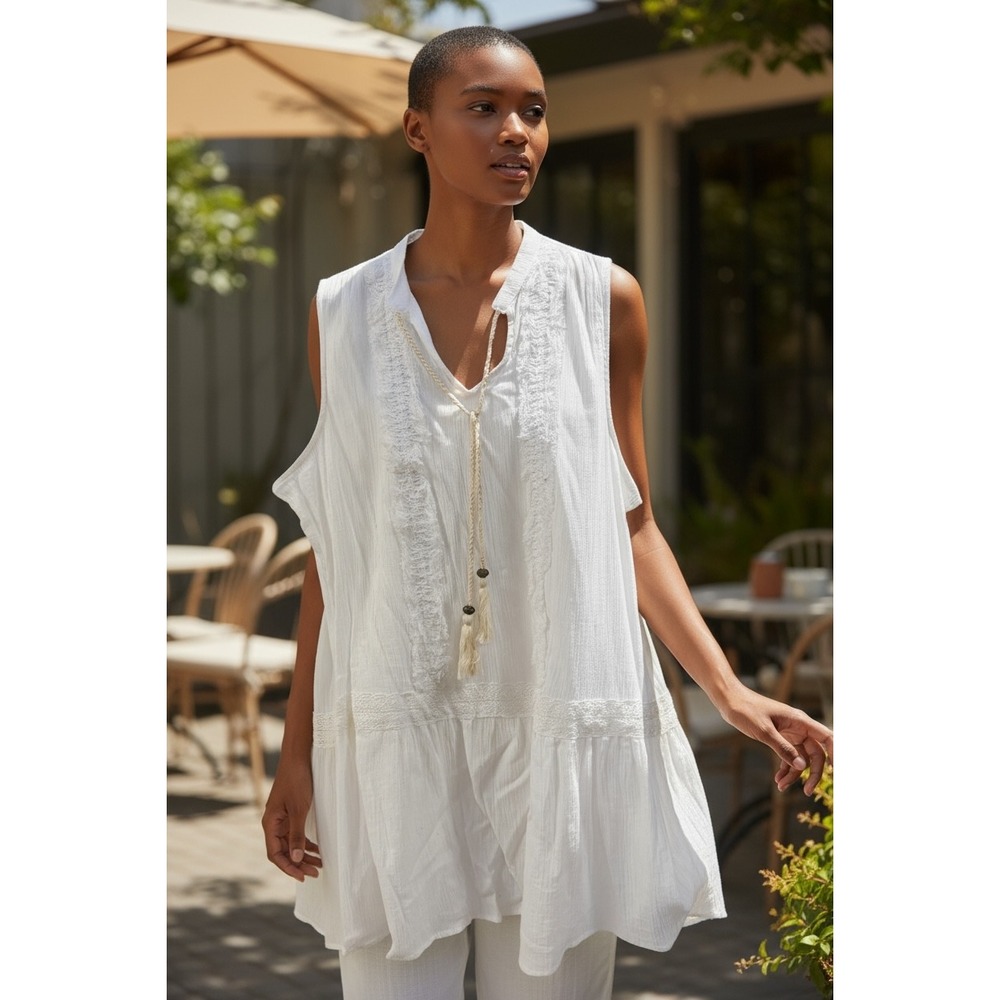 Knox Rose White Sleeveless Top Boho Tunic w/ Necklace‎ Size 1 Summer coverup